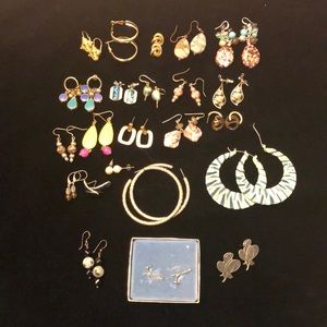 23 assorted earring pairs. Roadrunner, hoops, stone, rhinestones, faux pearl etc